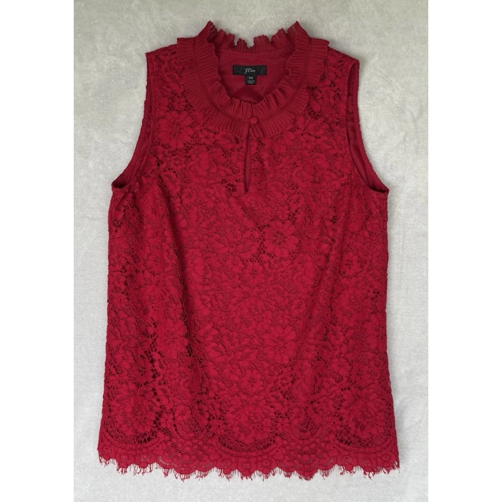 J Crew Blouse‎ Womens XS Red Lace Top Ruffle Neck Feminine Romantic Office Siren